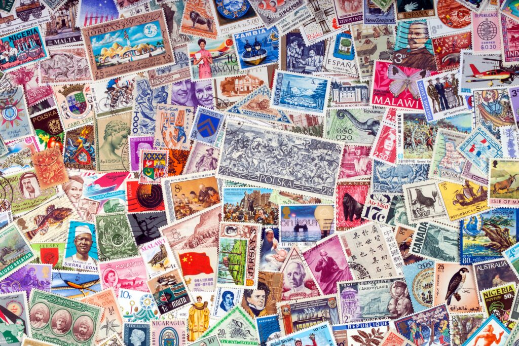 A selection of worldwide, vintage, postal stamps